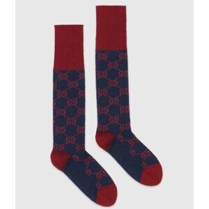 Gucci Interlocking GG Logo Supreme Long Socks Blue Red Mens Size L- Authentic